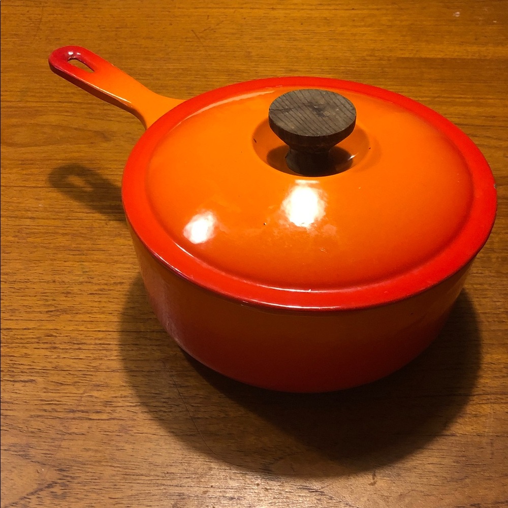 Vintage flame Orange Enameled Cast Iron Covered Saucepan made in Japan